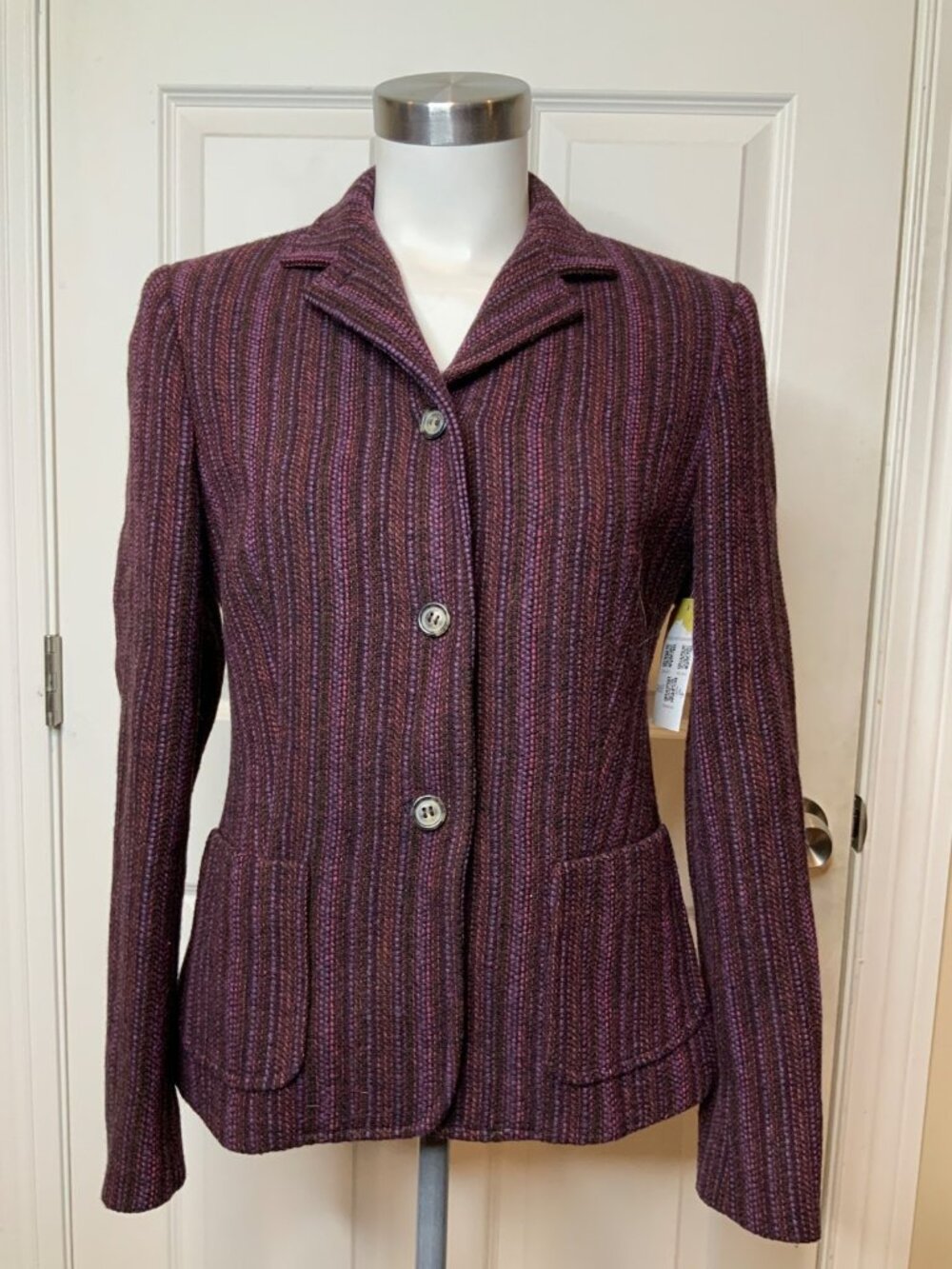Weekend MaxMara Burgundy Tweed Textured Knit Button Front Blazer, Size S